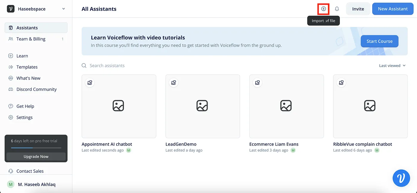 Voiceflow Dashboard page