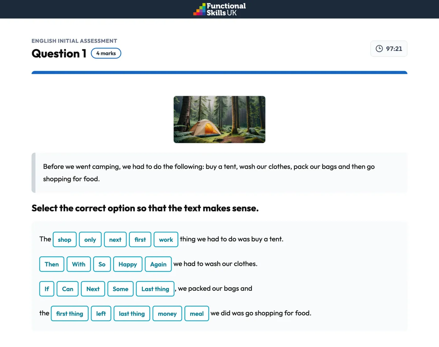 Initial assessment: timed, saved as the learner goes and marked automatically.