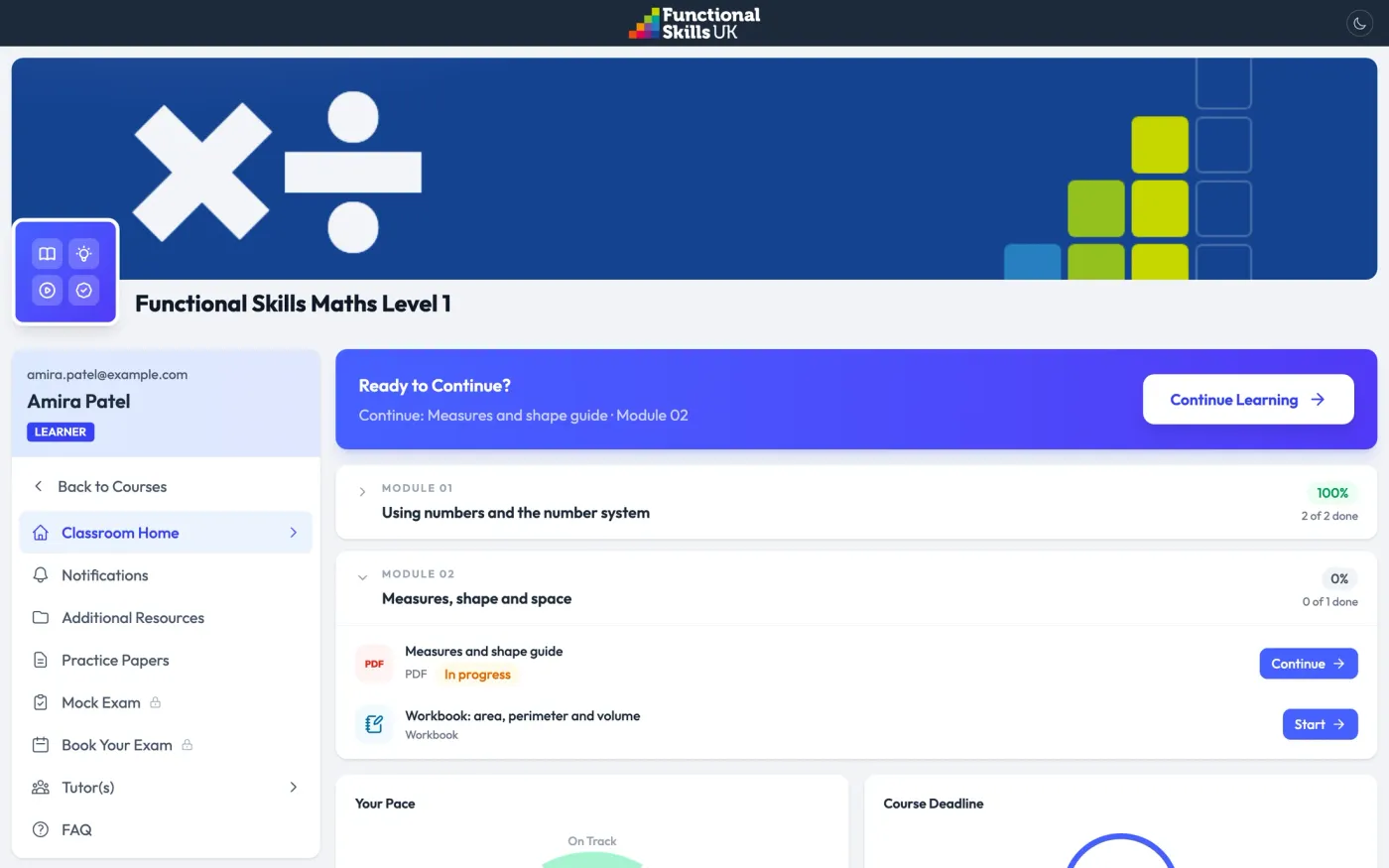 Course: modules, workbooks and SCORM lessons, with the learner's progress through each.