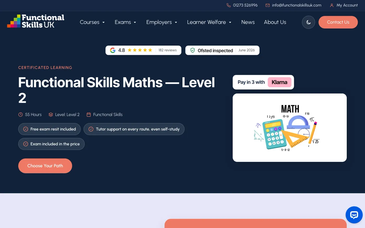 Course page: hours, level and what's included, with pay in three through Klarna.