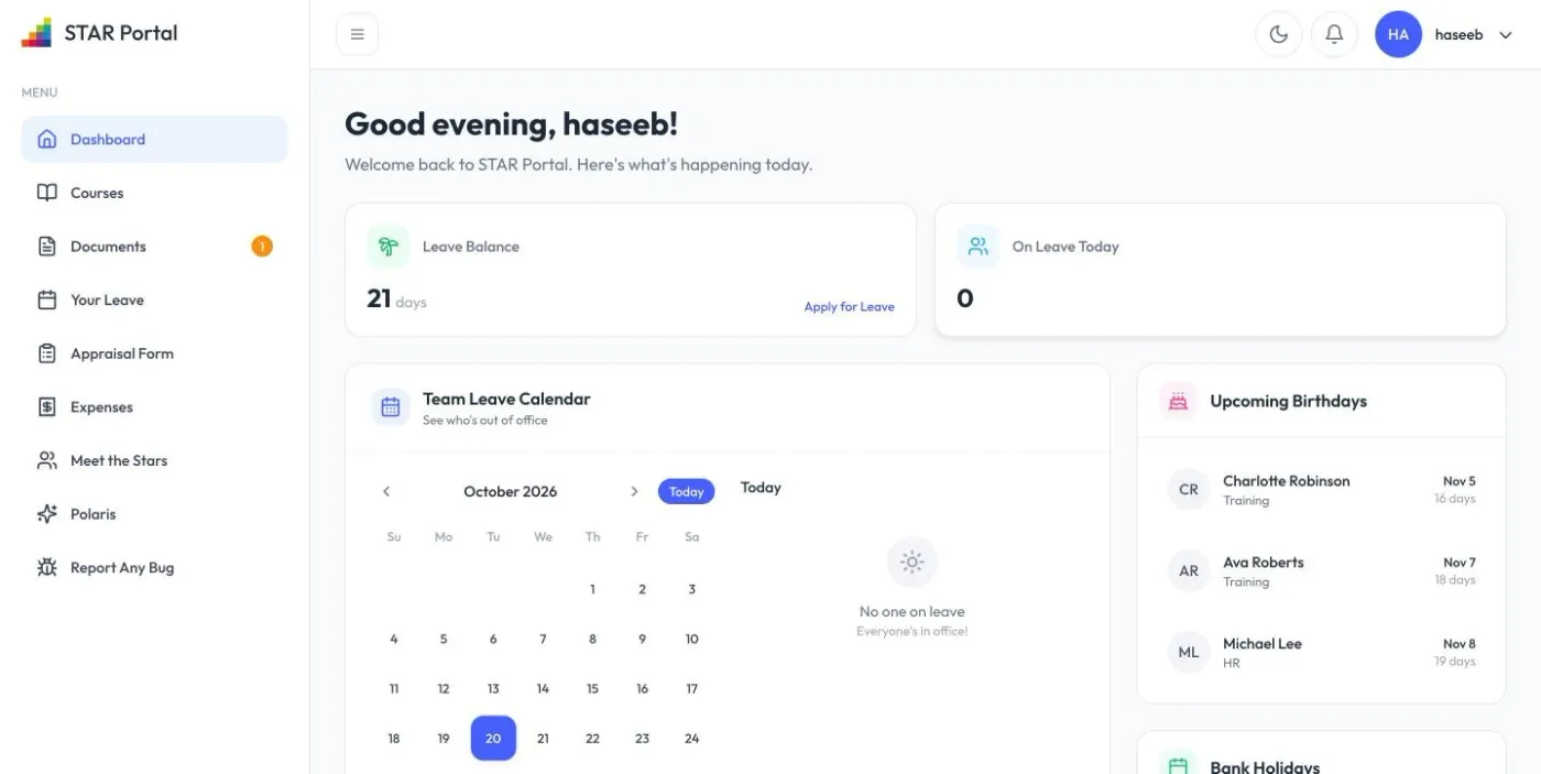 Dashboard: leave balance, team calendar, birthdays and bank holidays at a glance.
