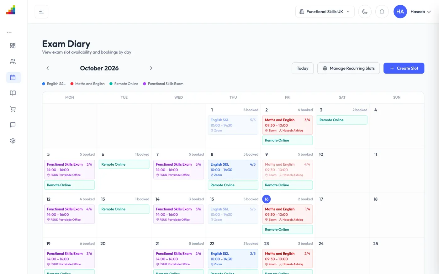 Exam diary: slots, capacity and bookings for each day.