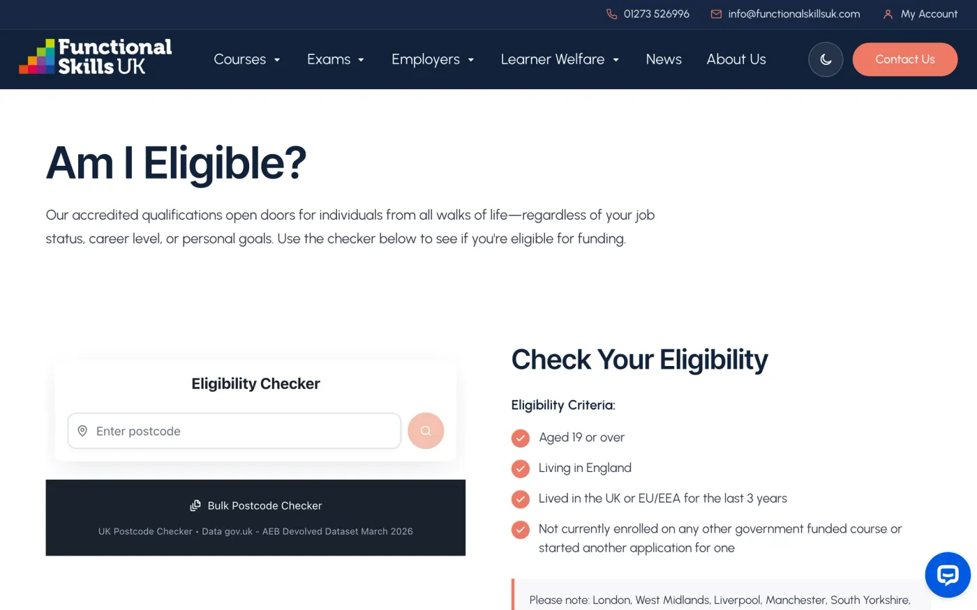 Eligibility checker: learners check funding by postcode.