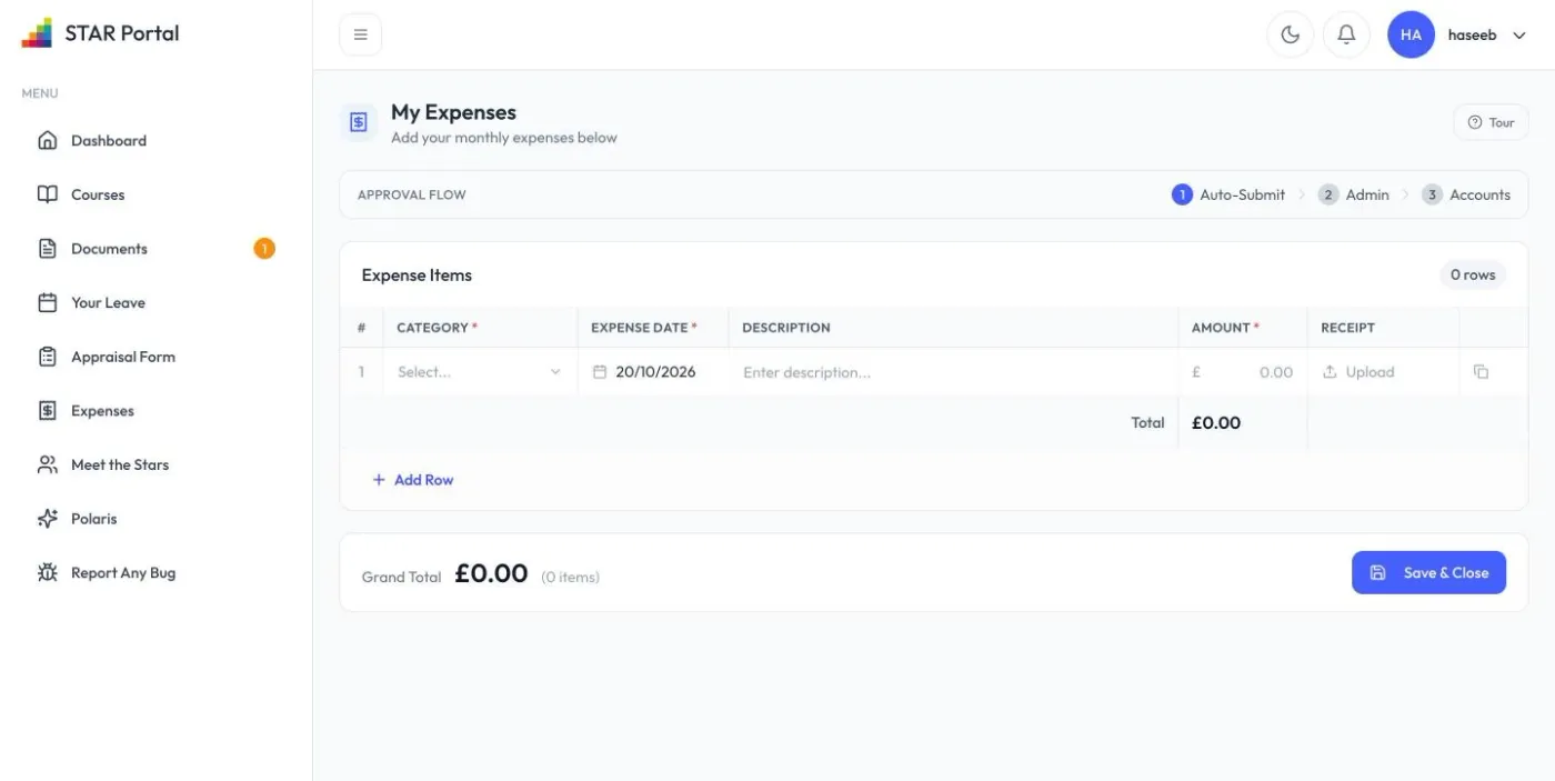 Expenses: monthly claims with receipts, sent from auto-submit to admin to accounts.