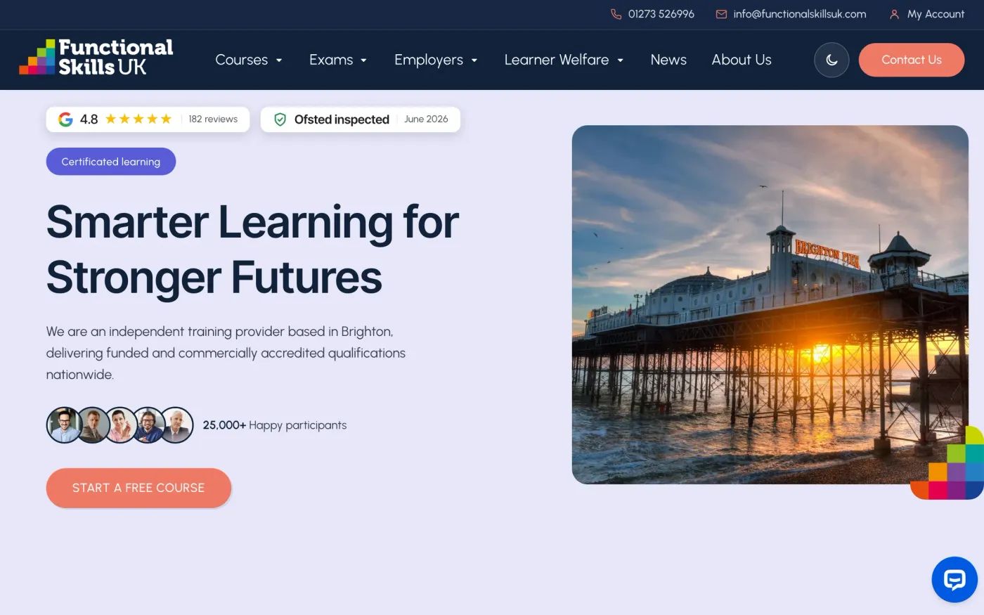 Home: courses, reviews and the Ofsted rating up front.