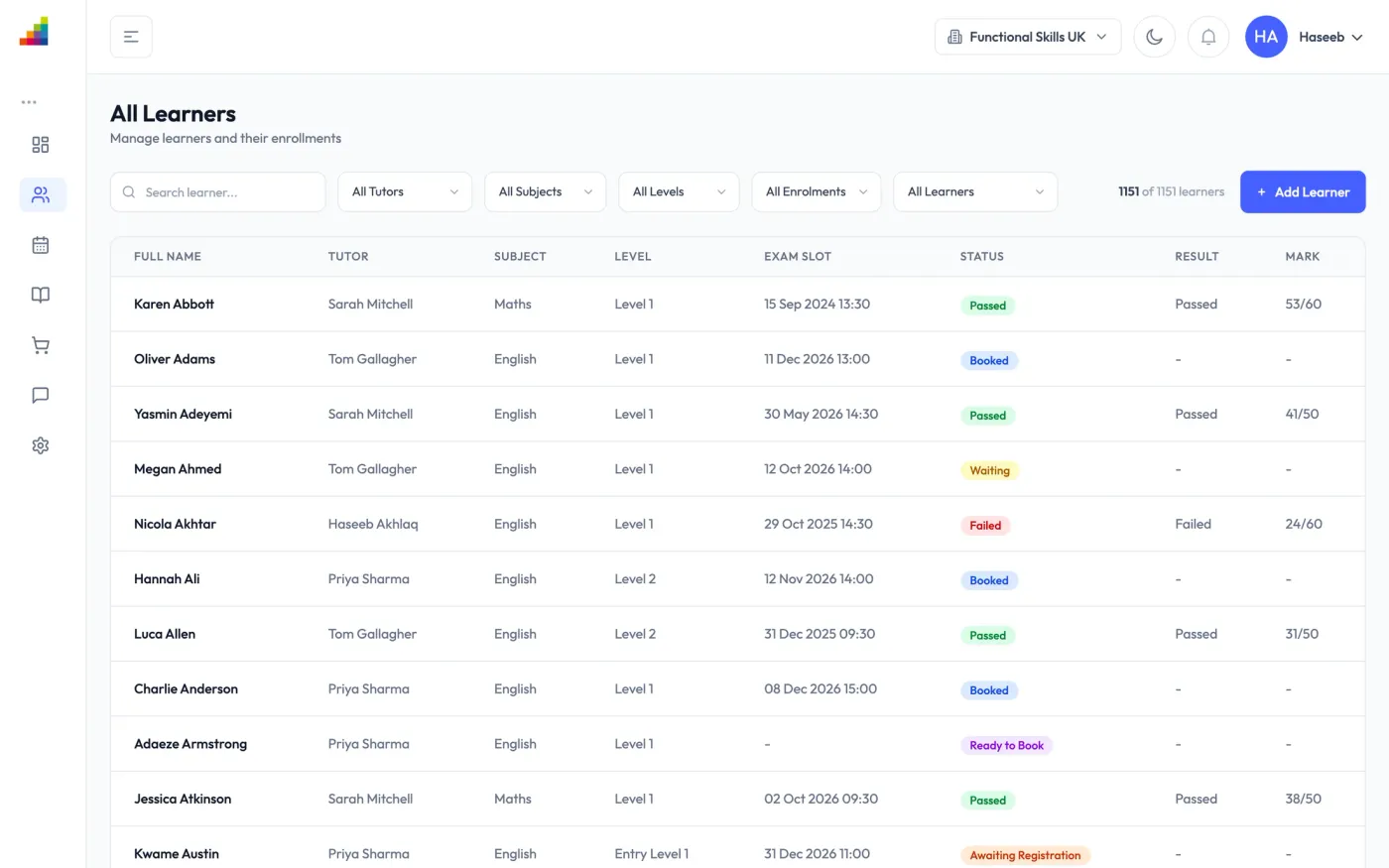 Learners: find anyone by tutor, subject, level or exam status.