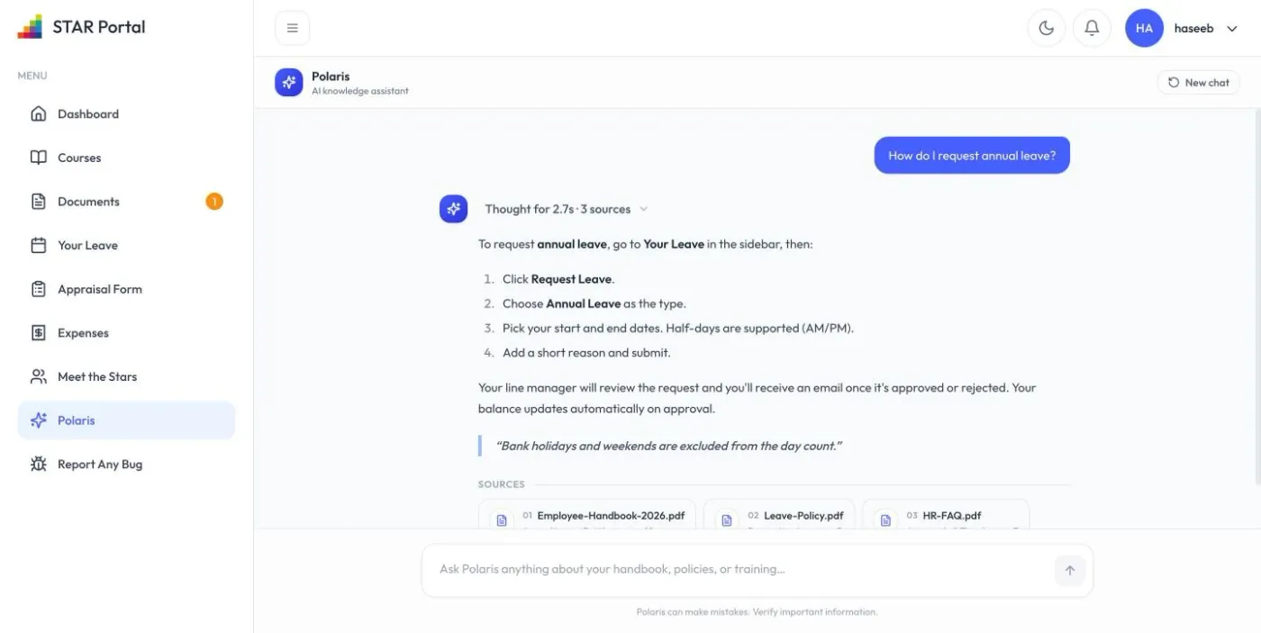 Polaris (in development): answers from the handbook and policies, with their sources.
